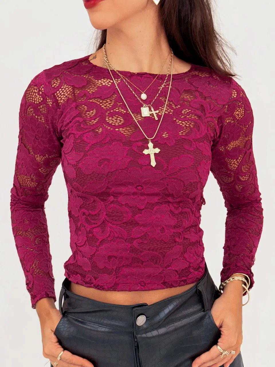 Blusa de renda manga longa · Marsala
