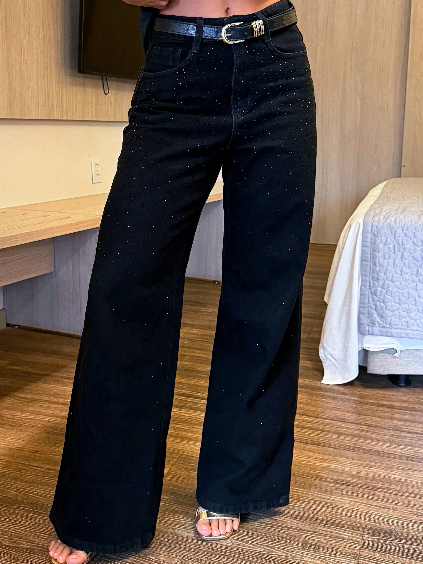 Calça Wide com Brilho · Preto