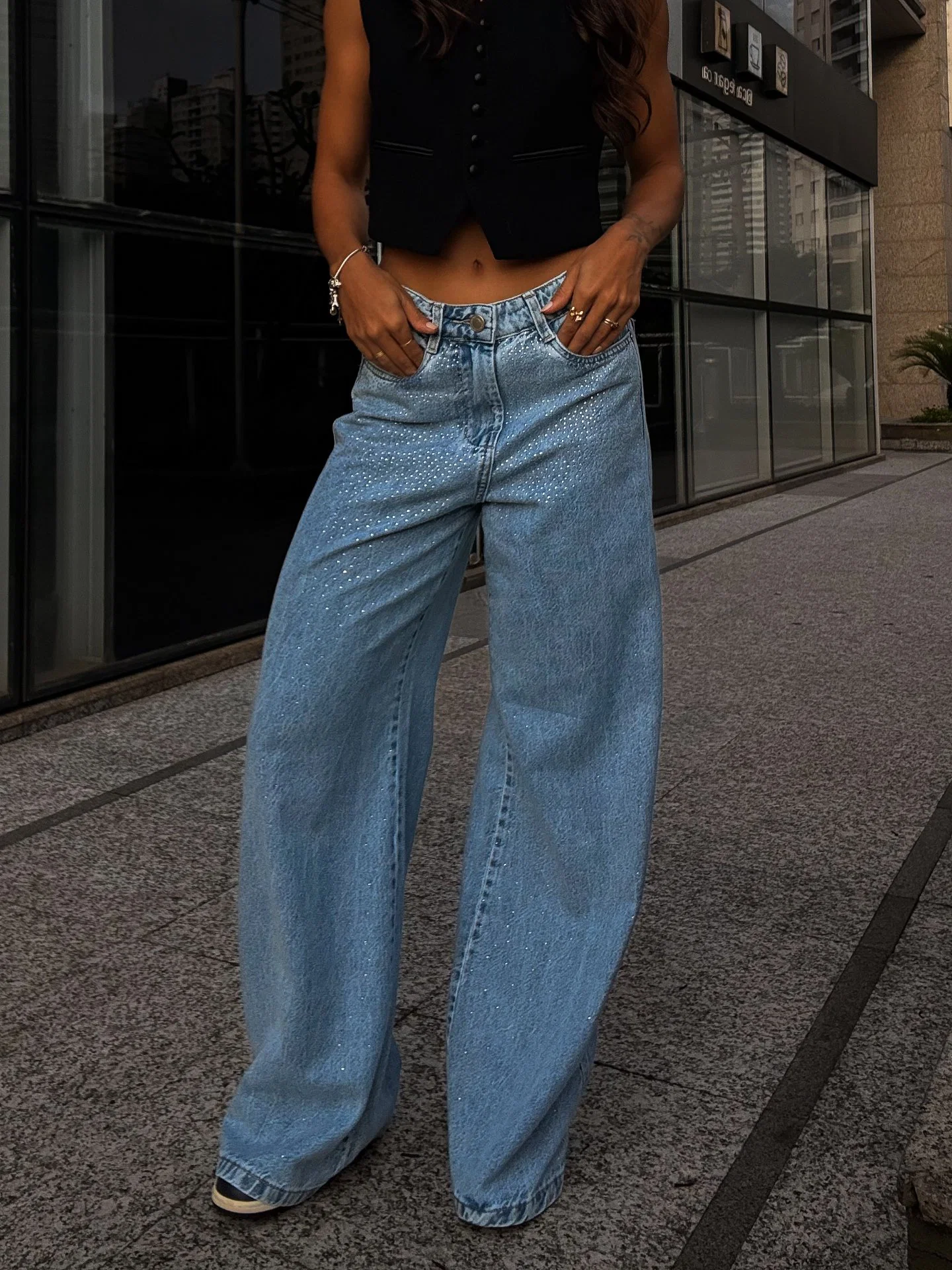 Calça Wide com Brilho · Jeans